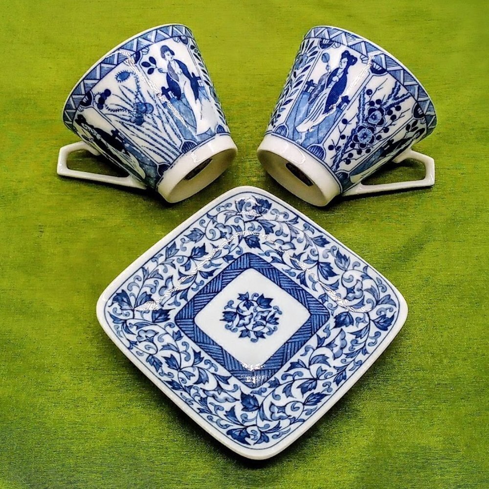 Vintage Inarco Japan Blue & White Porcelain Cups (2) + Bonus Plate